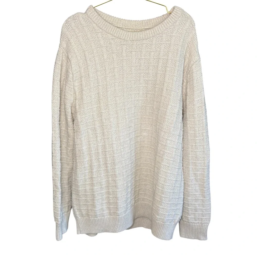 J. Crew Men's Knit Sweater XL Cream Basketweave Pullover Cotton EUC